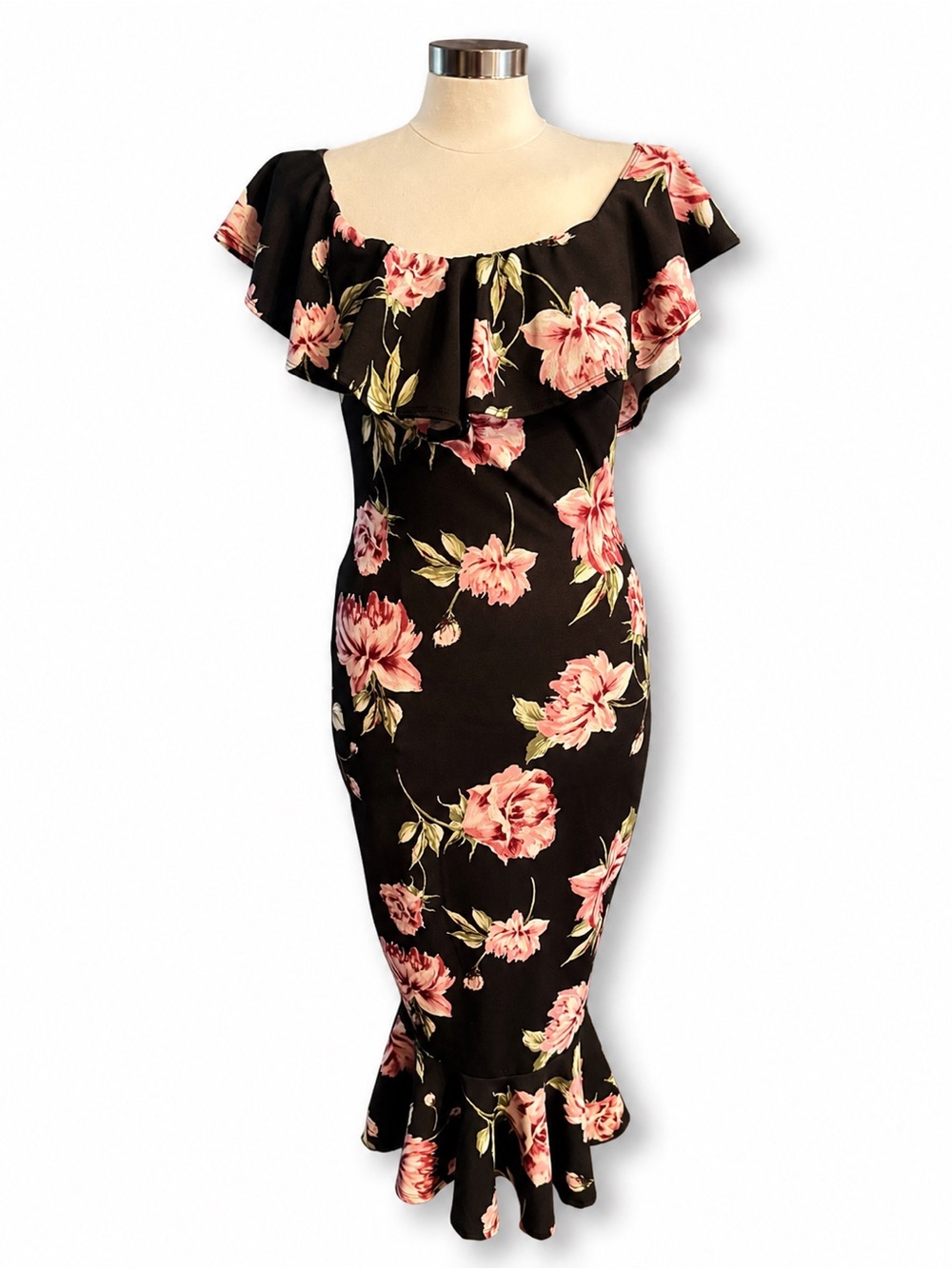 Shop17 Floral Off Shoulder Mermaid Midi Dress Black Pink Size M